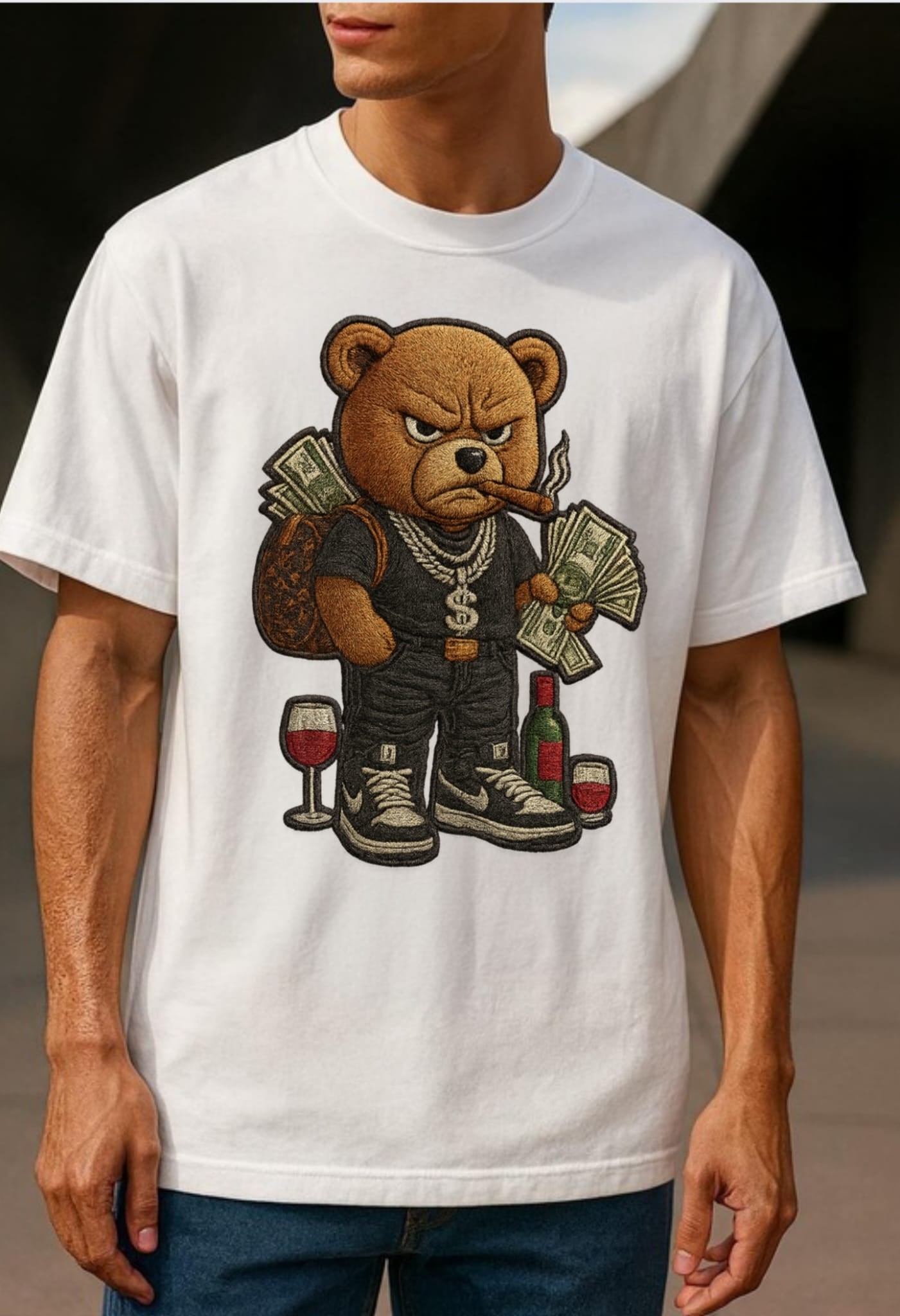 Rich Mood Bear – Premium Graphic White Tee | Aura Streetwear