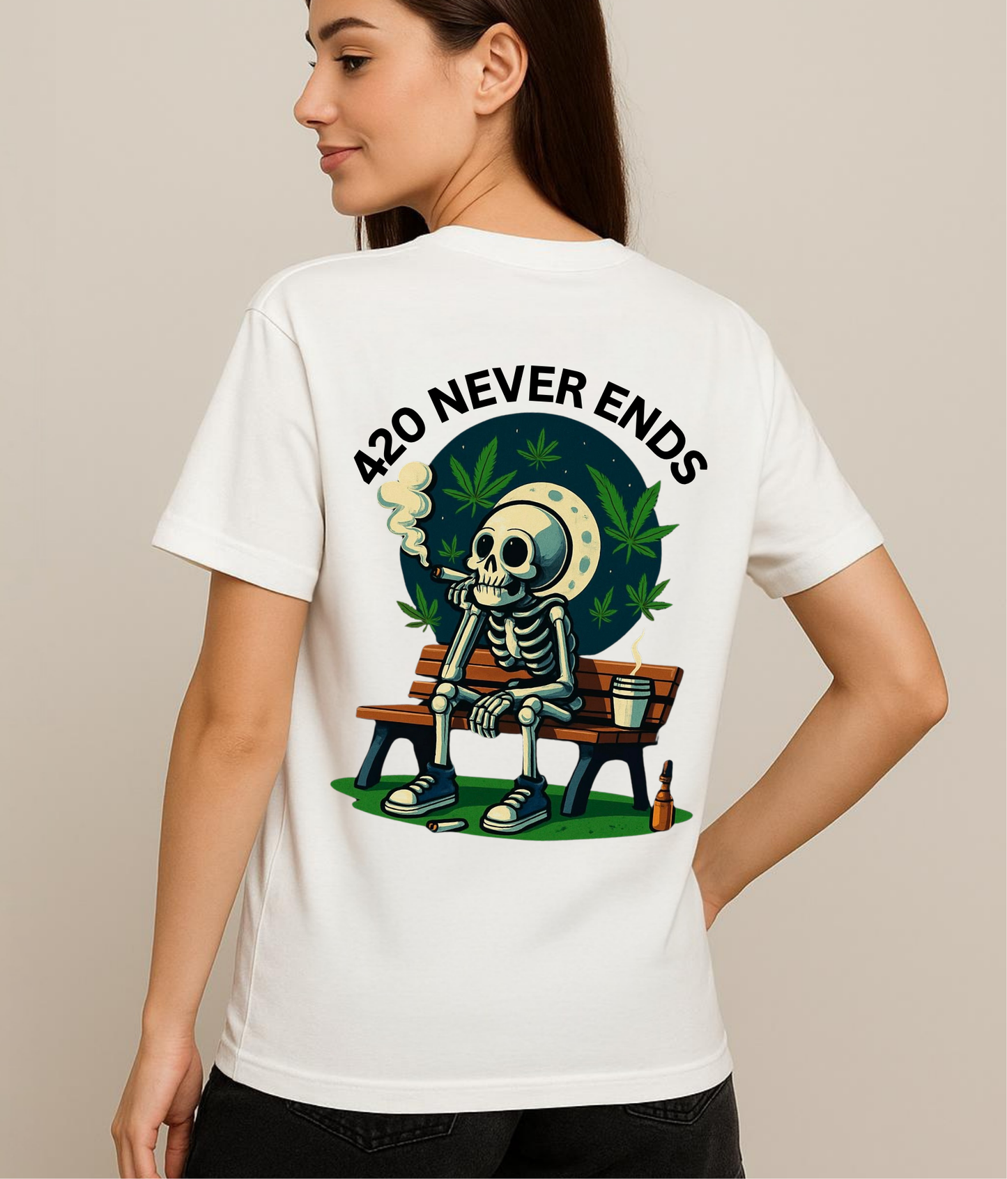 420 Never Ends Oversized Graphic Tee – Skeleton Smoker Streetwear (Unisex)