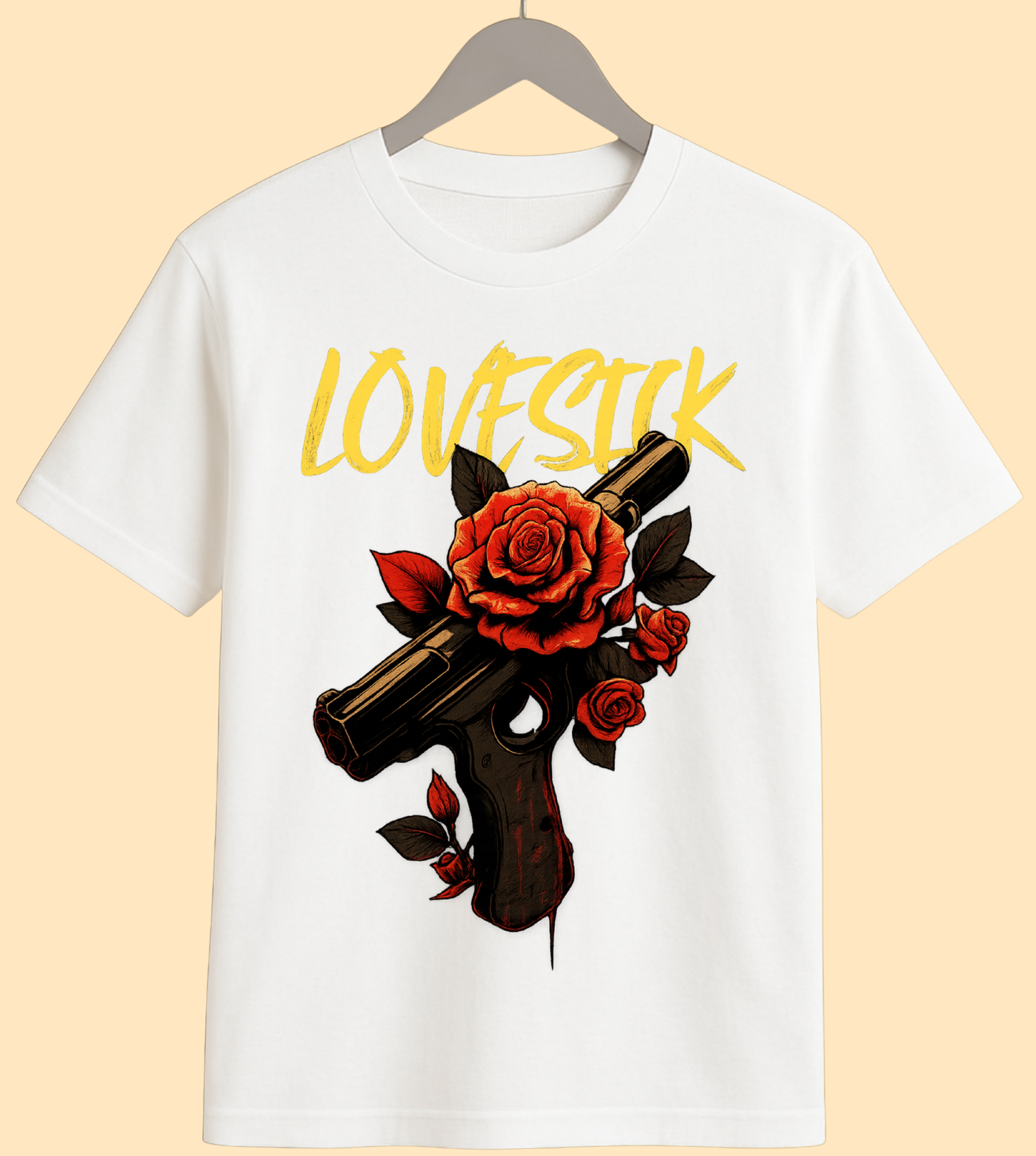 LOVESICK White Graphic Tee – Red Roses & Revolver Design
